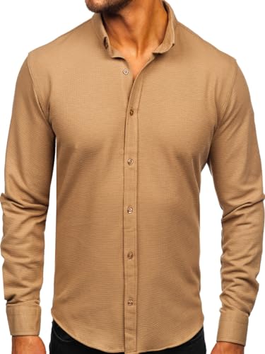 BOLF Herren Musselin Hemd Langarm FreizeitMusselin Hemd Kariert LangarmMusselin Hemd Elegant Business Party Bügelleicht Farbwahl Classic Basic Slim Fit Casual Style 506 Braun L [2B2] von BOLF