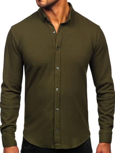 BOLF Herren Musselin Hemd Langarm FreizeitMusselin Hemd Kariert LangarmMusselin Hemd Elegant Business Party Bügelleicht Farbwahl Classic Basic Slim Fit Casual Style 506 Khaki XL [2B2] von BOLF
