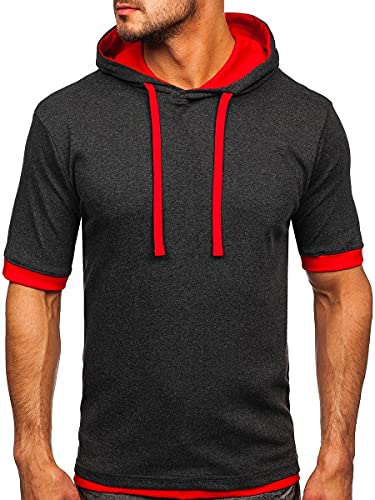 BOLF Herren T-Shirt mit Kapuze Einfarbig Kapuzenshirt Kurzarmshirt Basic Sommer Männer T-Shirt Kurzarmshirt Einfarbig Männer Kurzarm Sportswear 08 Anthrazit-Rot L [3C3] von BOLF