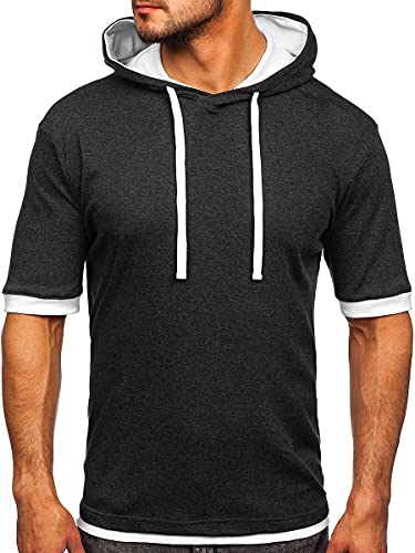 BOLF Herren T-Shirt mit Kapuze Einfarbig Kapuzenshirt Kurzarmshirt Basic Sommer Männer T-Shirt Kurzarmshirt Einfarbig Männer Kurzarm Sportswear 08 Anthrazit-Weiss L [3C3] von BOLF