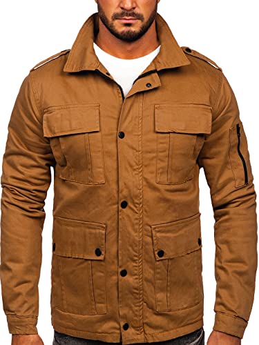 BOLF Herren Übergangsjacke Militär Jacke Fracht Jacke Feldjacke Windbreaker Herbstjacke Baumwolle Jacke Stehkragen Cargo Taschen Military Style 10290 Camel L [4D4] von BOLF