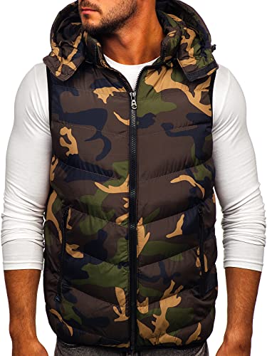 BOLF Herren Weste mit Kapuze Steppweste Army Motiv Camo Bodywarmer Kapuzenweste Daunenweste Reißverschluss Ärmellose Sportweste Zip Wärme Freizeit Outdoor Style 6876 Khaki M [1U1] von BOLF