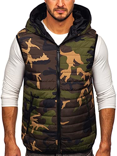 BOLF Herren Weste mit Stehkragen Steppweste Bodywarmer Kapuze Daunenweste Reißverschluss Ärmellose Sportweste Zip Wärme Freizeit Outdoor Style 7106 Khaki XL [1U1] von BOLF