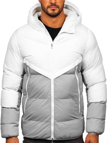 BOLF Herren Winterjacke Steppjacke Gefüttert Übergangsjacke mit Kapuze Daunenjacken-Optik Puffer Wärm Winter Freizeit Outdoor Casual Style CS1006 Weiß-Grau 3XL [4D4] von BOLF