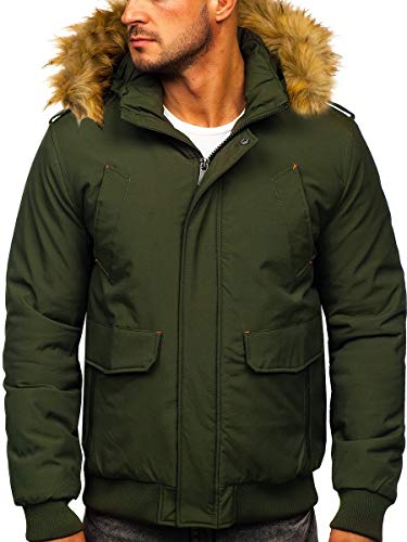 BOLF Herren Winterjacke Warm Gefüttert mit Kapuze Fellbesatz Winter Herbst Outdoor Freizeit Kapuzenjacke Casual Style EXTREME 1770 Grün XXL [4D4] von BOLF