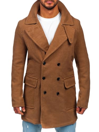 BOLF Herren Wintermantel Lang Zweireihiger Mantel mit Hochkragen Winterjacke Wollmantel Stehkragen Warme Gefüttert Winter Langmantel Slim Fit Business Elegant J.BOYZ 1048A Camel M [4D4] von BOLF