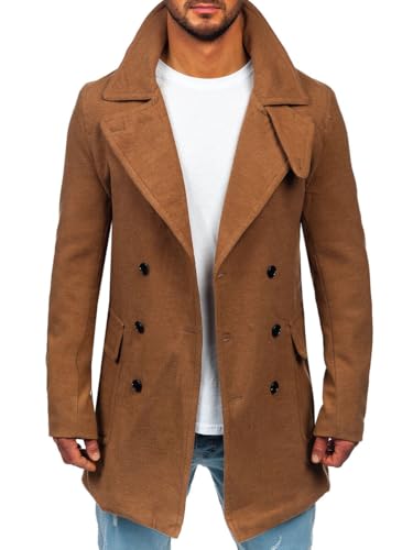 BOLF Herren Wintermantel Lang Zweireihiger Mantel mit Hochkragen Winterjacke Wollmantel Stehkragen Warme Gefüttert Winter Langmantel Slim Fit Business Elegant J.BOYZ 1048B Camel XL [4D4] von BOLF