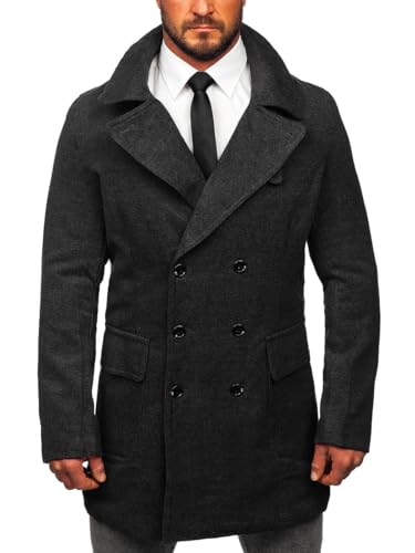 BOLF Herren Wintermantel Lang Zweireihiger Mantel mit Hochkragen Winterjacke Wollmantel Stehkragen Warme Gefüttert Winter Langmantel Slim Fit Business Elegant J.BOYZ 1048C Dunkelgrau M [4D4] von BOLF