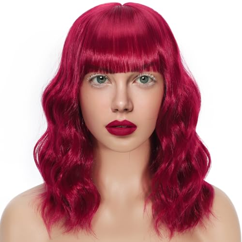 Gewellte Perücke mit Pony Kurze lockige Bob-Perücke für Frauen Highlight-Style Synthetische hitzebeständige Bob-Perücken für den täglichen Gebrauch und Partys (Berry Red, 14 inch) von BOLINSEN