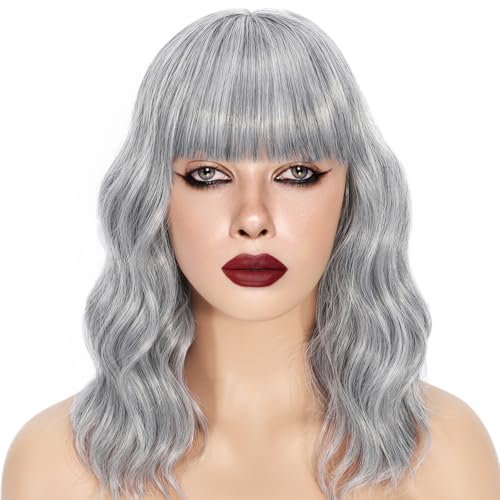 Gewellte Perücke mit Pony Kurze lockige Bob-Perücke für Frauen Highlight-Style Synthetische hitzebeständige Bob-Perücken für den täglichen Gebrauch und Partys (Black Mix White, 14 inch) von BOLINSEN