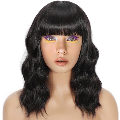 Gewellte Perücke mit Pony Kurze lockige Bob-Perücke für Frauen Highlight-Style Synthetische hitzebeständige Bob-Perücken für den täglichen Gebrauch und Partys (Black Natural, 14 inch) von BOLINSEN