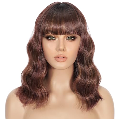 Gewellte Perücke mit Pony Kurze lockige Bob-Perücke für Frauen Highlight-Style Synthetische hitzebeständige Bob-Perücken für den täglichen Gebrauch und Partys (Brown Highlight, 14 inch) von BOLINSEN
