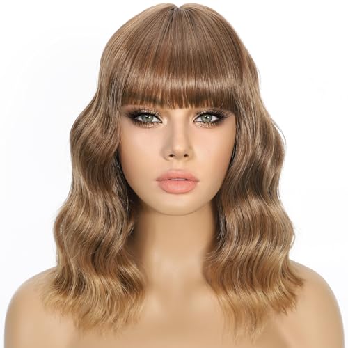 Gewellte Perücke mit Pony Kurze lockige Bob-Perücke für Frauen Highlight-Style Synthetische hitzebeständige Bob-Perücken für den täglichen Gebrauch und Partys (Dark Brown Mix Blonde, 14 inch) von BOLINSEN