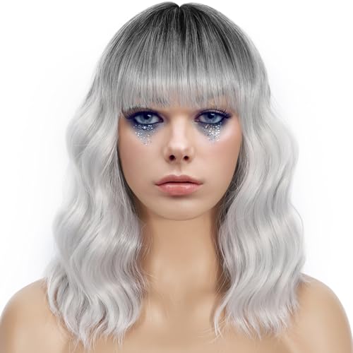 Gewellte Perücke mit Pony Kurze lockige Bob-Perücke für Frauen Highlight-Style Synthetische hitzebeständige Bob-Perücken für den täglichen Gebrauch und Partys (Ombre Black -Silver, 14 inch) von BOLINSEN