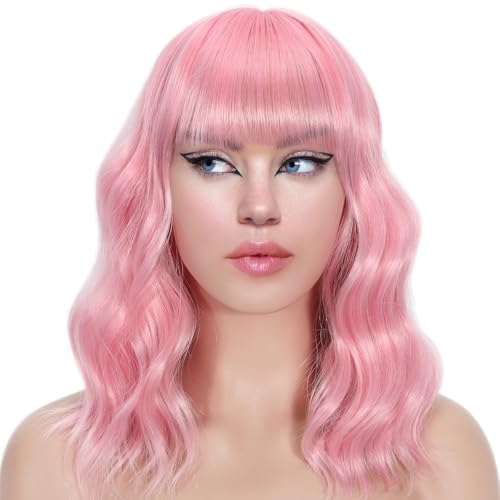 Gewellte Perücke mit Pony Kurze lockige Bob-Perücke für Frauen Highlight-Style Synthetische hitzebeständige Bob-Perücken für den täglichen Gebrauch und Partys (Pink, 14 inch) von BOLINSEN