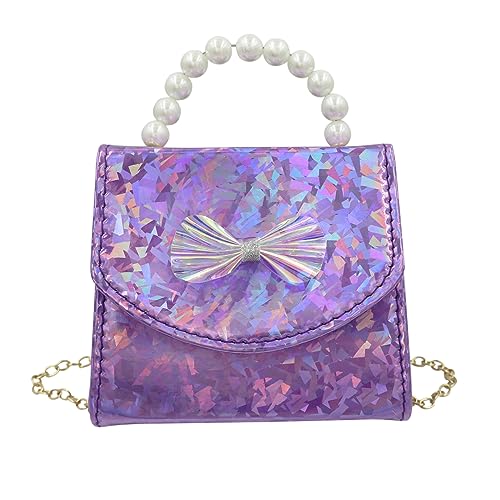 BOLLEY JOSS Elegante Mini-Geldbörse für kleine Mädchen, glänzende holografische Handtasche mit Perlengriff, niedliche Schleife, Schultertasche, Violett, Einheitsgröße von BOLLEY JOSS