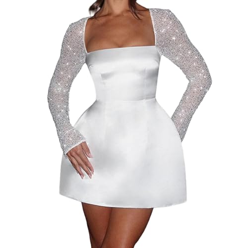 BOLLEY JOSS Elegantes Damenkleid mit quadratischem Ausschnitt, durchscheinende Pailletten, lange Ärmel, offener Rücken, A-Linie, Weiss/opulenter Garten, Klein von BOLLEY JOSS
