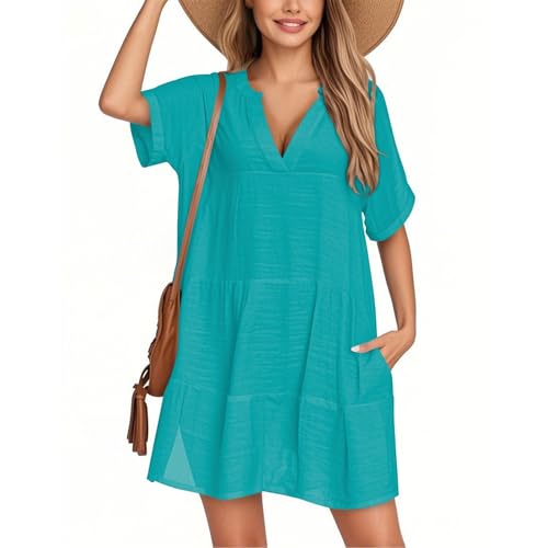 BOLUOBAO Damen Bikini Cover Up Strandkleid V Ausschnitt Kurzarm mit Taschen Strandponcho Sommer Strand Tunika Strandurlaub von BOLUOBAO