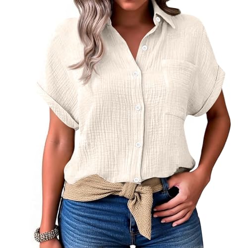 BOLUOBAO Musselin Bluse Damen Leinen Elegante Oversized mit V-Ausschnitt - Sommer Kurzarmhemd Große Größen, Atmungsaktive Casual Tunika für Leggings/Strand von BOLUOBAO