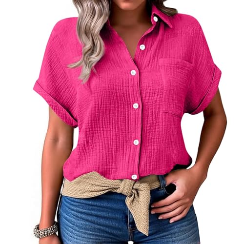 BOLUOBAO Musselin Bluse Damen Leinen Elegante Oversized mit V-Ausschnitt - Sommer Kurzarmhemd Große Größen, Atmungsaktive Casual Tunika für Leggings/Strand von BOLUOBAO