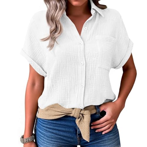 BOLUOBAO Musselin Bluse Damen Leinen Elegante Oversized mit V-Ausschnitt - Sommer Kurzarmhemd Große Größen, Atmungsaktive Casual Tunika für Leggings/Strand von BOLUOBAO