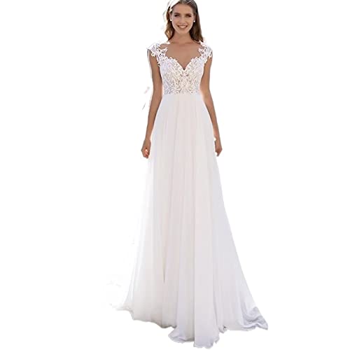 BOLYKI Chiffon-Spitze Hochzeitskleid A-Linie Durchscheinende Halsapplikationen Formale Brautkleid Sweep Train Flügelärmel Partykleid (Farbe: Weiß, Größe: 16) von BOLYKI