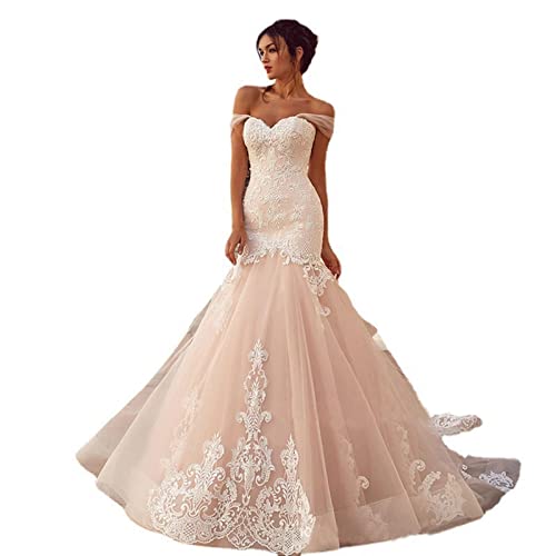 Sexy V-Ausschnitt Langarm Hochzeitskleid Meerjungfrau Elegant Spitze Perlen Brautkleid Rücken Knopf Applikationen Partykleid (Farbe: Weiß, Größe: 16) von BOLYKI