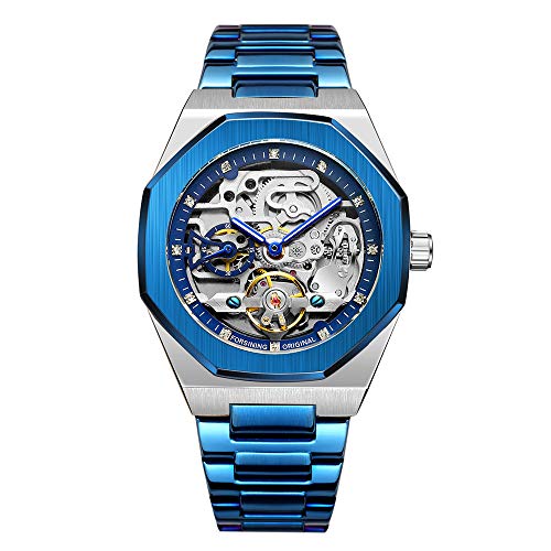 Armbanduhr Herren Analog Automatik Edelstahl Mechanische Skelett Männer Uhr Glas Rückseite, Blau von BOLYTE