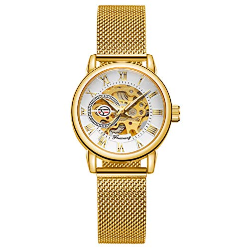 BOLYTE Analoge Automatikuhr für Damen mit Skelettzifferblatt und geflochtenem Edelstahlarmband, Gold und Weiß BOLYTE Analoge Automatikuhr für Damen mit Skelettzifferblatt und geflochtenem Edelstahlarmband, Gold und Weiß von BOLYTE