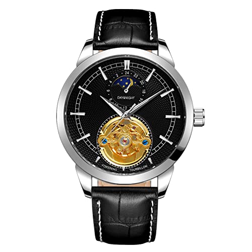 BOLYTE Antike Herren-Armbanduhr Automatisches Selbstaufziehende 24 Stunden Sonne und Mond Subdial Mechanische Skelett mit Lederband, Silber, Schwarz von BOLYTE