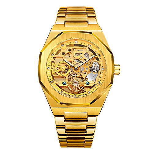 BOLYTE Armbanduhr Herren Analog Automatik Edelstahl Mechanische Skelett Männer Uhr Glas Rückseite, Gold von BOLYTE