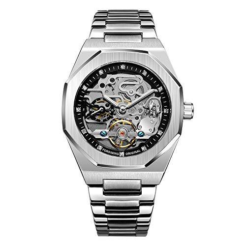 BOLYTE Armbanduhr Herren Analog Automatik Edelstahl Mechanische Skelett Männer Uhr Glas Rückseite, Silber, Schwarz von BOLYTE