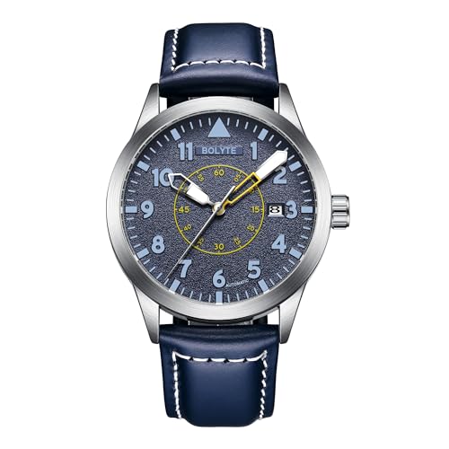 BOLYTE Automatische mechanische Herren-Armbanduhr, selbstaufziehend, automatisches Datum, Militär, Sport, Herren-Armbanduhr mit Lederband (blau), blau, Militär von BOLYTE