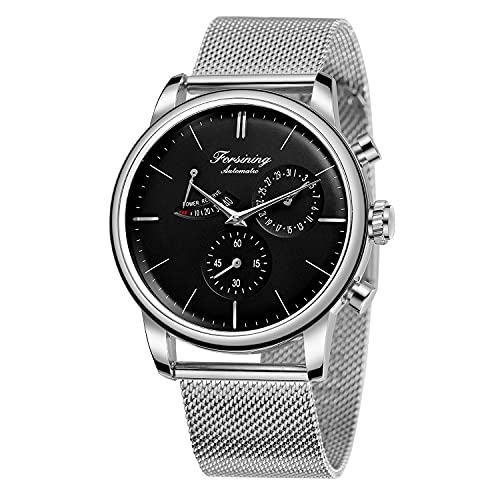 BOLYTE Herren-Armbanduhr Automatisch Mechanisch Analog, Seagull-Uhrwerk Automatische Datumsanzeige Gangreserve-Anzeige Edelstahlband Business-Armbanduhr, Silber Schwarz von BOLYTE