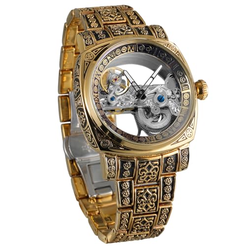 BOLYTE Herren-Automatikuhr, mechanisch, Skelett, quadratisches Gehäuse mit Vintage-Gravur, freiliegender Brückenbewegung, Leuchtzeiger, Edelstahlarmband und Faltschließe, gold, Retro BOLYTE Herren-Automatikuhr, mechanisch, Skelett, quadratisches Gehäuse mit Vintage-Gravur, freiliegender Brückenbewegung, Leuchtzeiger, Edelstahlarmband und Faltschließe, gold, Retro von BOLYTE