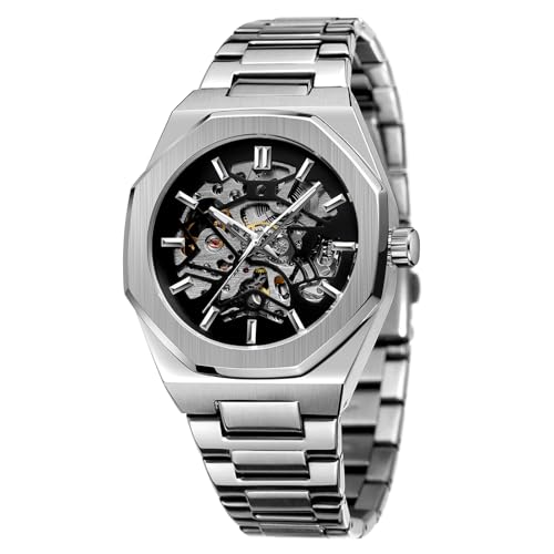 BOLYTE Herren mechanische Uhr Selbstdrehende Armbanduhr für Männer Achteckiges Gehäuse Edelstahlband Skelett Design Uhren, Silber Schwarz, Klassisch von BOLYTE