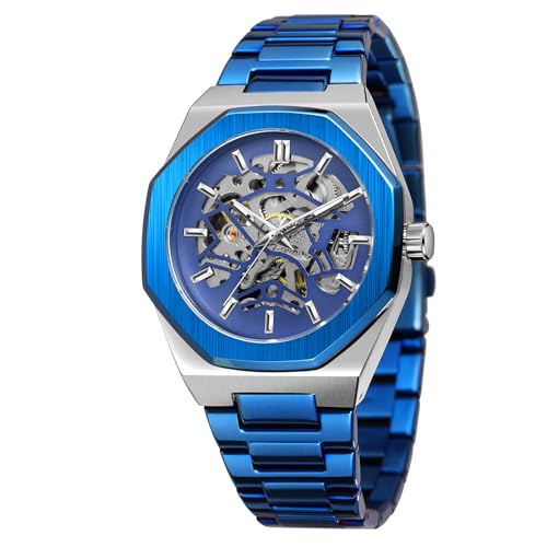 BOLYTE Mechanische Herrenuhr, selbstaufziehende Armbanduhr für Herren, achteckiges Gehäuse, Edelstahlband, Skelett-Design, Uhren, Silber-Blau, Klassisch von BOLYTE