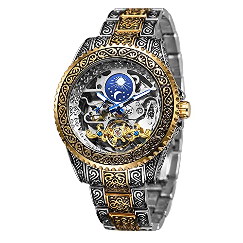 Retro Geschnitzt Skelett Steampunk Automatik Armbanduhr Goldene Silber Herren Uhr mit Metallarmband AM/PM Sonne Mond Geschenke für Manner, Gold von BOLYTE