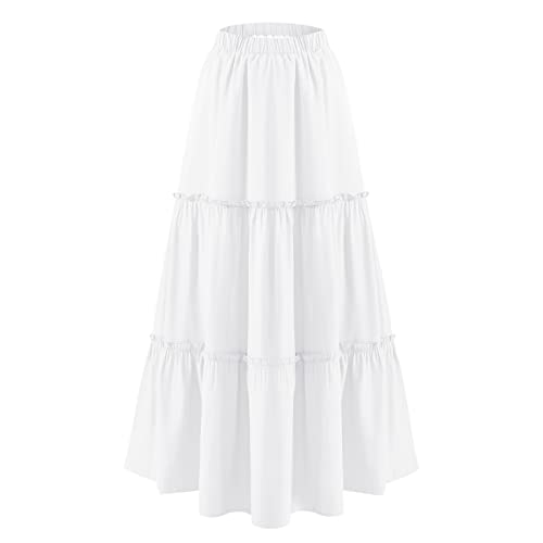 BOMAROLAN Damen Elastische Hohe Taille Boho Maxirock Sommer A Linie Langer Rock Rüschen Swing Strandrock für Frauen, Weiss/opulenter Garten, Mittel von BOMAROLAN