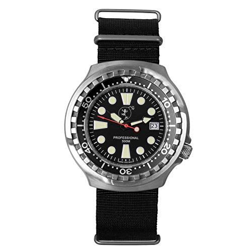 BOMBFROG PRO500 Edelstahl Superluminova Herren Taucheruhr mit NATO-Armband im eleganten Militärlook - gebürstetes Edelstahlgehäuse mit entspiegeltem Saphirglas, Taucheruhren Herren Quarzuhr von BOMBFROG