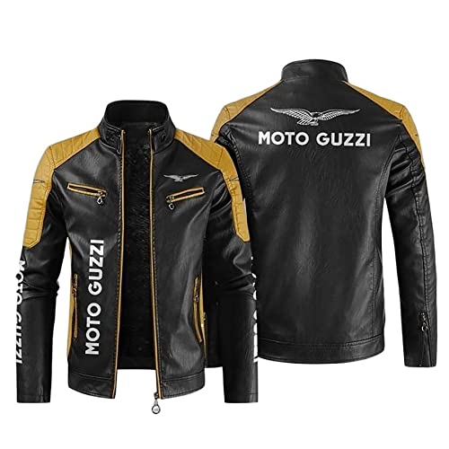 BOMMEL Herren Lederjacke Für Moto Guzzi Print Winter Warm PU Motorradjacke Winddichte Leder Mäntel Reißverschluss Bikerjacke Herren Langarm Stehkragen Bomberjacke - Geschenke Für Teenager,A,XL von BOMMEL