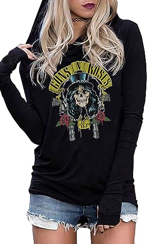 BOMYTAO Guns N' Roses Skull Hoodie T-Shirt für Damen Skelette Langarm Grafik Tees Vintage Rock Musik Shirt Tops, Schwarz, S von BOMYTAO