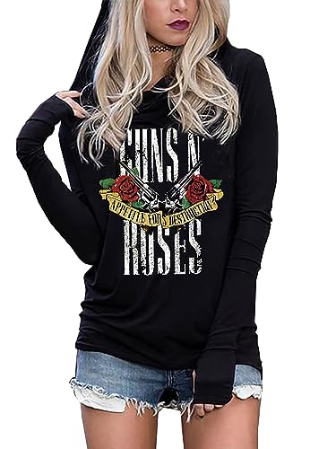 BOMYTAO Guns N' Roses Skull Hoodie T-Shirt für Damen Skelette Langarm Grafik Tees Vintage Rock Musik Shirt Tops, schwarz 2, M von BOMYTAO