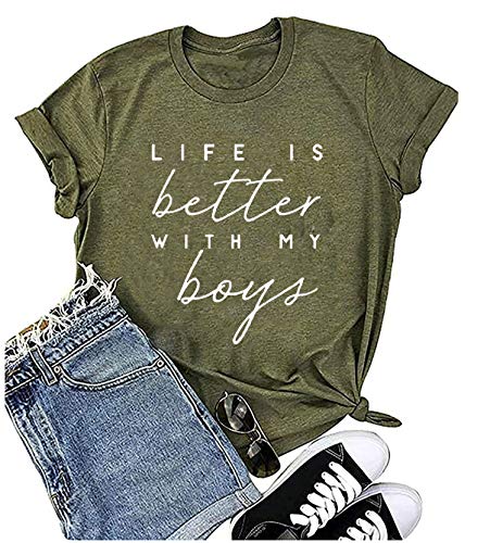 BOMYTAO Life is Better with My Boys Shirt für Frauen Mama T-Shirts Lustige Kurzarm Casual Tops T-Shirts, Grün (Army Green), Groß von BOMYTAO