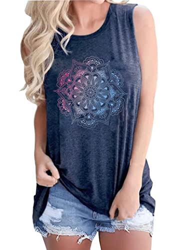 BOMYTAO Mandala-Lotus-Tanktop für Damen, heilige Geometrie, Meditation, Geschenk, ärmellos, grafische T-Shirts, Marineblau 1, Groß von BOMYTAO