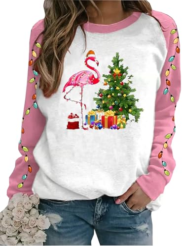 BOMYTAO Merry Christmas Flamingo-Sweatshirt für Damen, Weihnachtsbeleuchtung, Pullover, Weihnachten, Urlaub, leichte Hemden, Blusen, Pink-3, L von BOMYTAO