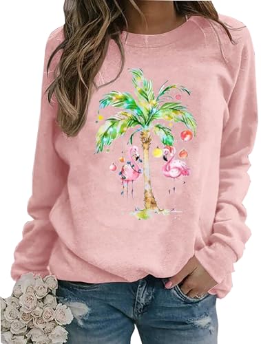 BOMYTAO Merry Christmas Flamingo Sweatshirt für Frauen Weihnachtsbeleuchtung Pullover Xmas Urlaub Leichte Hemden Blusen, Pink-a, XL von BOMYTAO