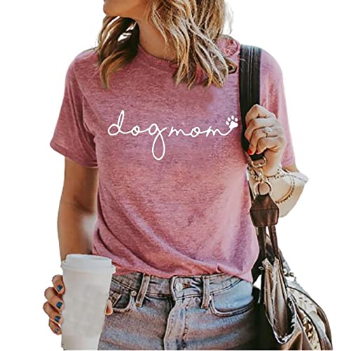 Dog Mom T-Shirt Frauen Lustige Mama O-Ausschnitt Grafik Tees Casual Lose Kurzarm Tops Hundeliebhaber Geschenk Bluse, Pink, Mittel von BOMYTAO