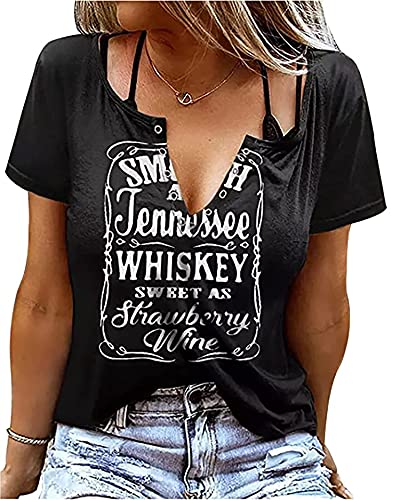 Smooth As Tennessee Whiskey Sweet As Strawberry Wine T-Shirt Damen Sexy V-Ausschnitt Shirts Country Musik Kurzarm Shirt, schwarz, Groß von BOMYTAO