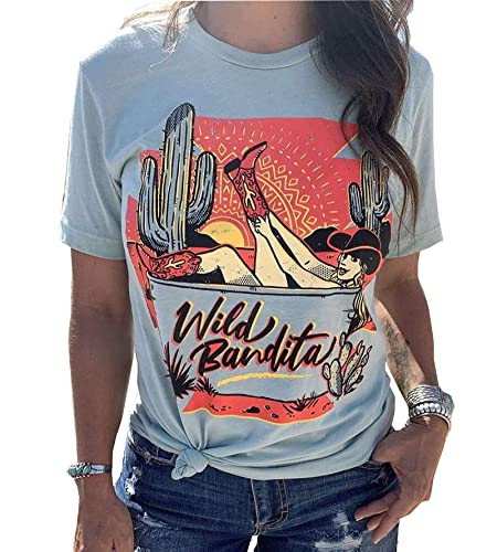 Wild Bandita Cactus T-Shirt für Frauen Lustiges Cowgirl Sonnenaufgang Grafik Tees Western Style Casual Kurzarm Shirt Top, Hellblau, Groß von BOMYTAO